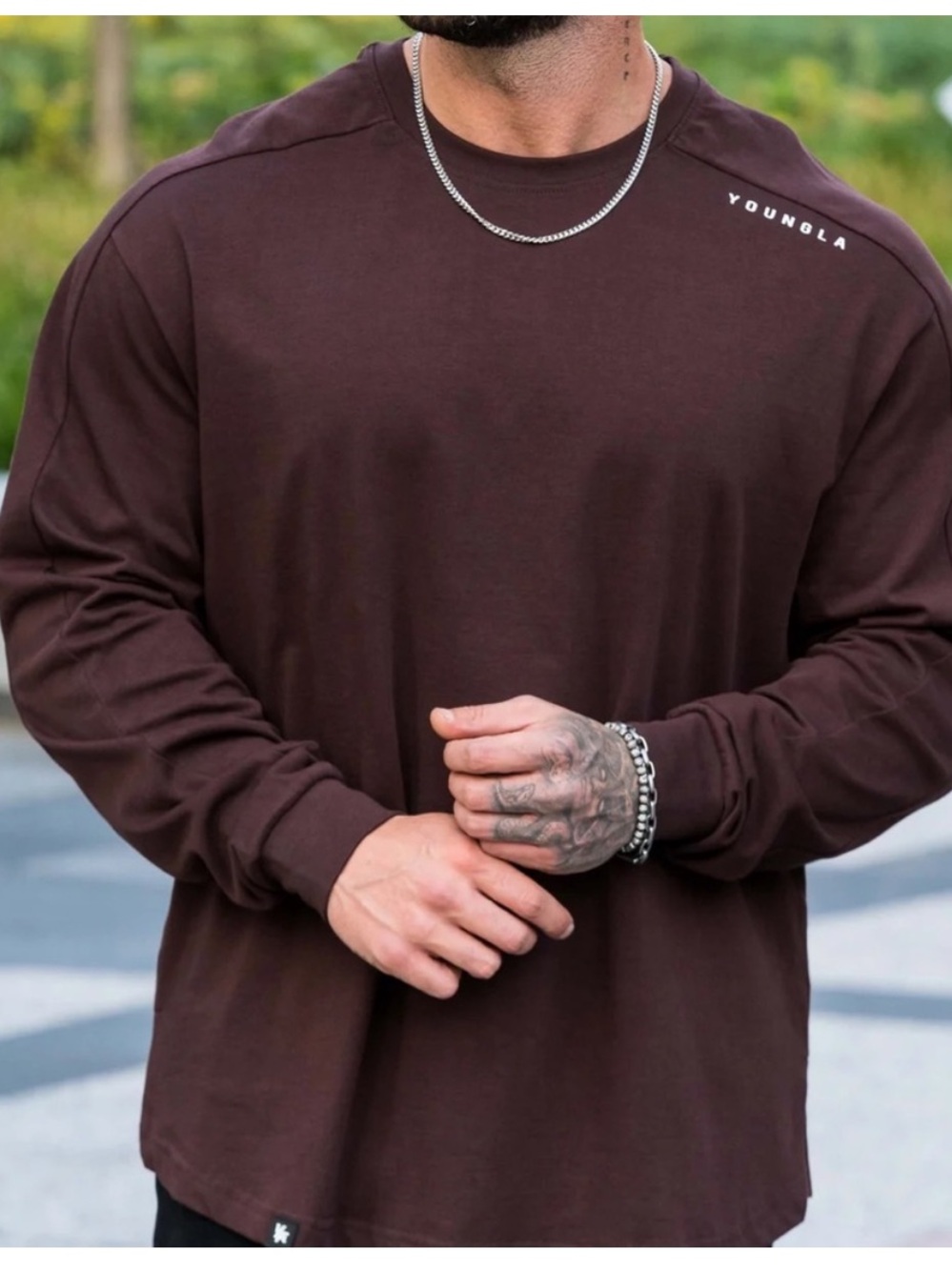 YoungLA Men's Long Sleeve Crewneck Shirt - Brown Size L